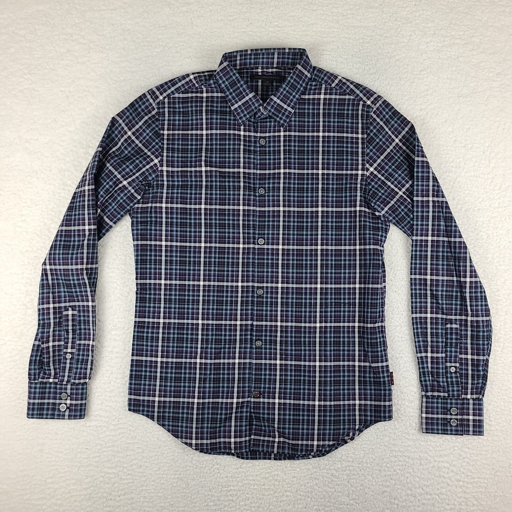 John Varvatos Shirt Mens Small Blue Purple Plaid Cotton Dress Button Up
